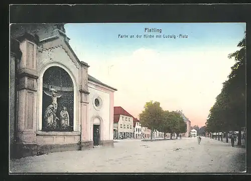 AK Plattling, Partie an der Kirche mit Ludwig-Platz
