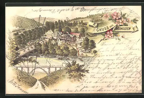 Lithographie Müngsten, Hotel mit Brücke, Eisenbahnbrücke