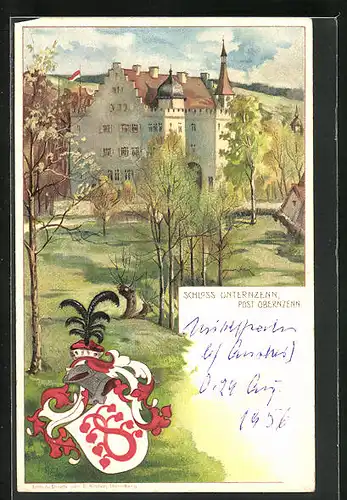 Lithographie Unternzenn, Schloss und Wappen