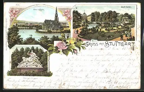 Lithographie Stuttgart, Johanneskriche, Stadt-Garten, Eberhard-Gruppe