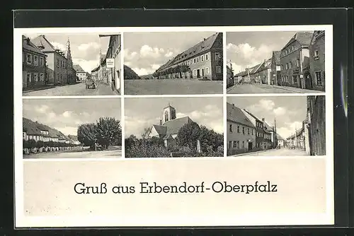 AK Erbendorf-Oberpfalz, Strassenpartie mit Geschäft, Gebäudeansicht, Kirche