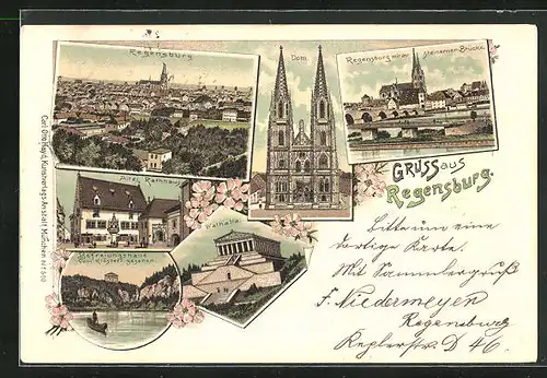 Lithographie Regensburg, Altes Rathaus, Walhalla, Dom