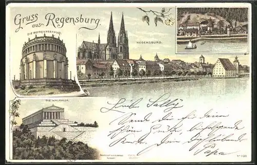 Lithographie Regensburg, Befreiungshalle, Walhalla, Teilansicht mti Dom