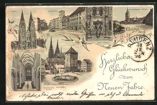 Lithographie Regensburg, Dom, Inneres, Portal, Neujahrsgruss