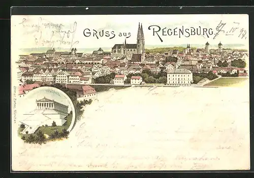 Lithographie Regensburg, Teilansicht, Walhalla
