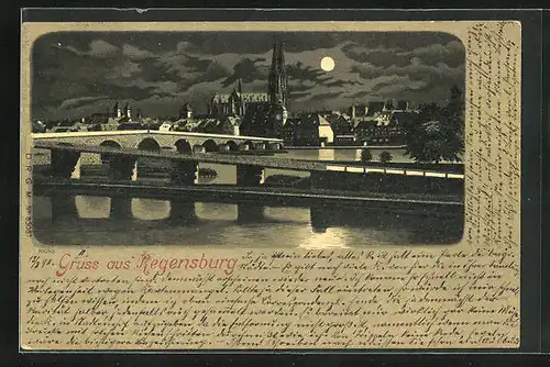 Lithographie Regensburg, Teilansicht mit Dom und Brücke bei Mondschein