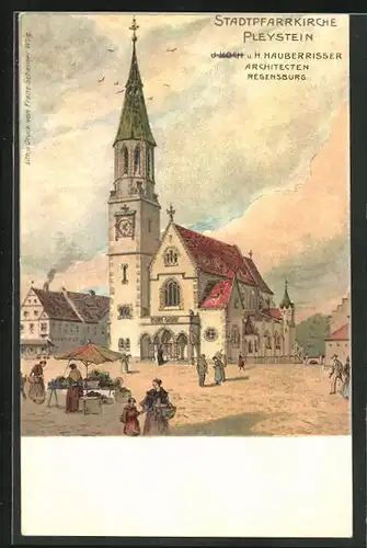 Lithographie Pleystein, Marktstand vor der Stadtpfarrkirche