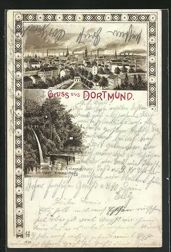 Lithographie Dortmund, Blick über die Stadt, Anlagen der Kronenburg