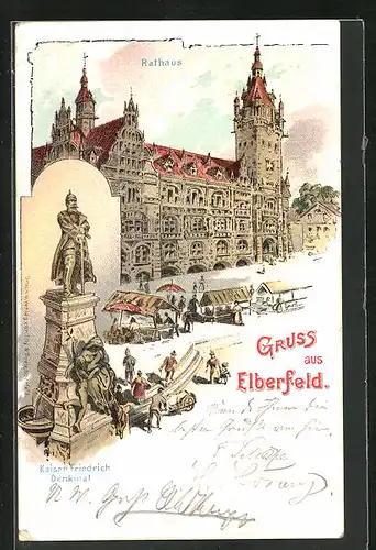 Lithographie Elberfeld, Marktstände am Rathaus, Kaiser Friedrich Denkmal