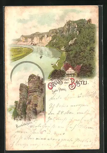 Lithographie Bastei, Basteifelsen, Gebäude am Ufer der Elbe