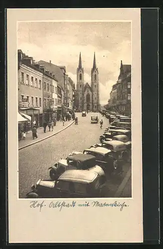 AK Hof i. B., Strassenansicht mit Ladengeschäften & Kirche