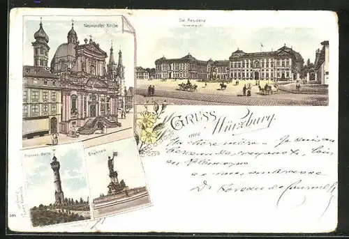 Lithographie Würzburg, Residenz, Neumünster Kirche, Franken-Warte