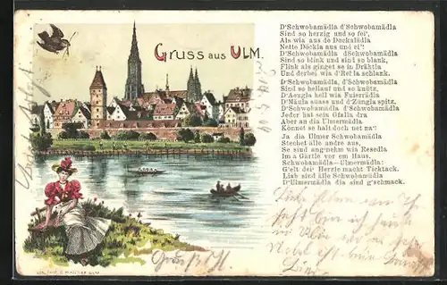 Lithographie Ulm, Uferpartie mit Kirche