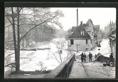 AK Nürnberg, Hochwasser-Katastrophe 1909, Die überflutete Agnesbrücke im Winter