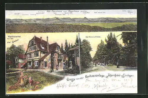 AK Esslingen, Jägerhaus, Gasthaus zu den drei Linden, Römerstrasse, Bergpanorama