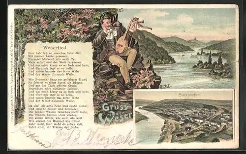 Lithographie Bad Karlshafen /Weser, Teilansicht, Panorama Weserlied Mann mit Laute