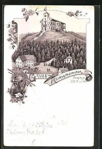 Lithographie Mückenthürmchen /Erzgeb., Berghotel und Gasthaus am Gipfel