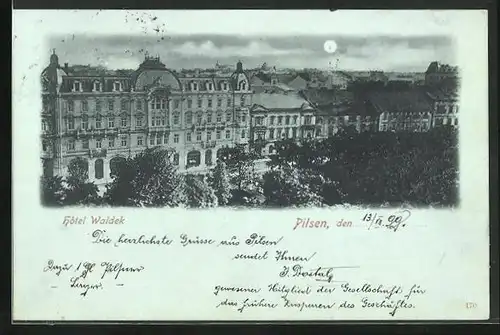 Mondschein-AK Plzen, Hotel Waldeck