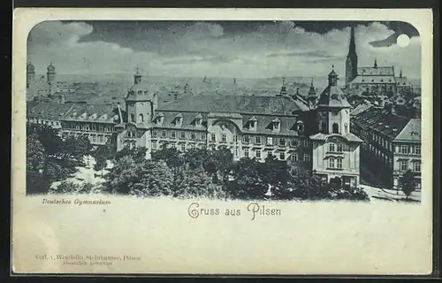 Mondschein-AK Pilsen, Deutsches Gymnasium aus der Vogelschau