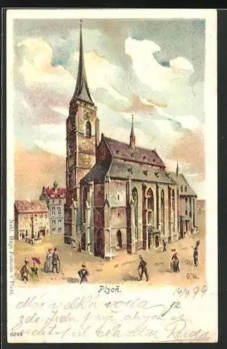 Lithographie Pilsen /Plzen, An der Kirche