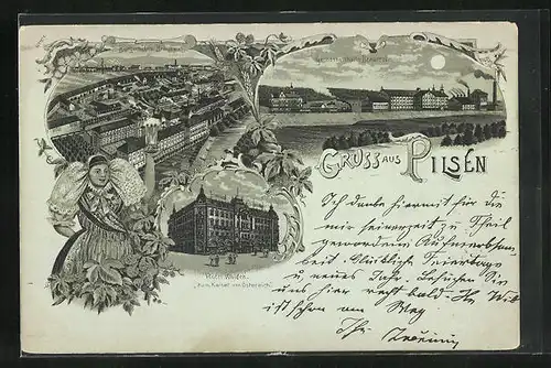 Mondschein-Lithographie Pilsen, Hotel Waldek zum Kaiser von Österreich, Bürgerliches Bräuhaus, Genossenschaftsbrauerei