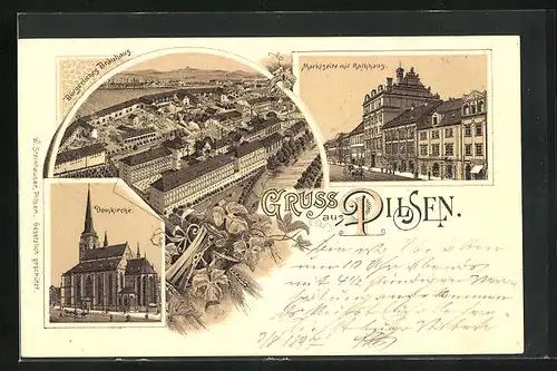 Lithographie Pilsen /Plzen, Gasthof Bürgerliches Bräuhaus, Marktseite mit Rathaus