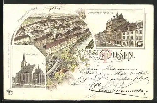 Lithographie Pilsen /Plzen, Gasthof Bürgerliches Bräuhaus, Marktseite mit Rathaus, Domkirche