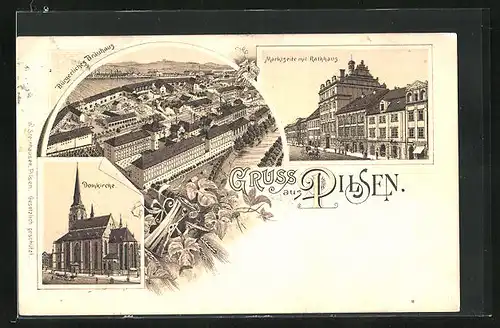 Lithographie Pilsen /Plzen, Gasthof Bürgerliches Bräuhaus, Domkirche, Marktseite mit Rathaus