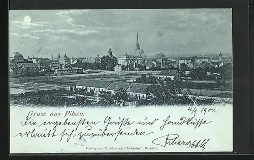 Mondschein-AK Pilsen, Panorama mit Kirche