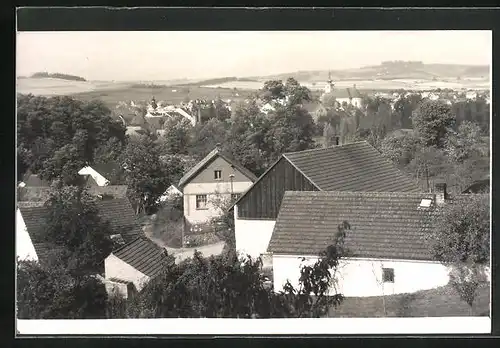 Foto-AK Blovice, Ortspartie mit Kirche