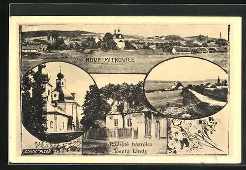 AK Nové Mistrovice, Rodiste basnika Josefa Lindy, Grafie Plzen, Panorama