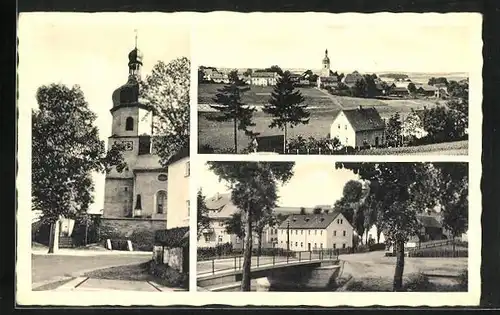 AK Regnitzlosau i. Bayern, Kirche, Brücke, Ortspartie