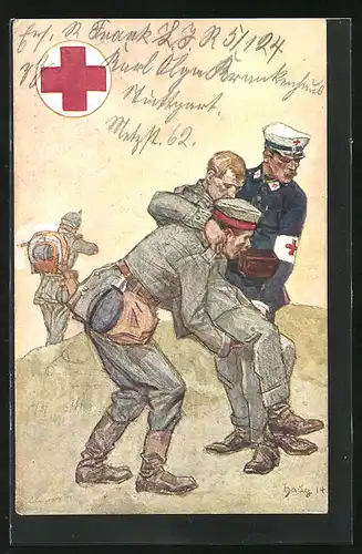 Künstler-AK Sanitäter des Roten Kreuzes und Soldat tragen Verwundeten