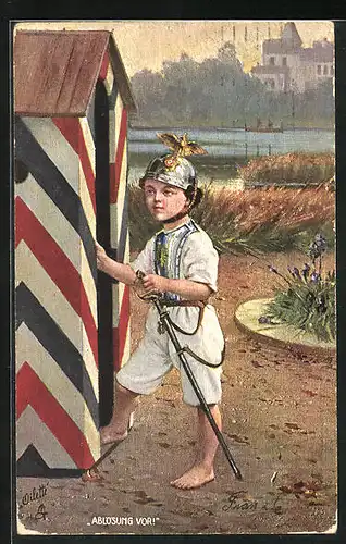 Künstler-AK Junge mit Militärhelm und Schwert