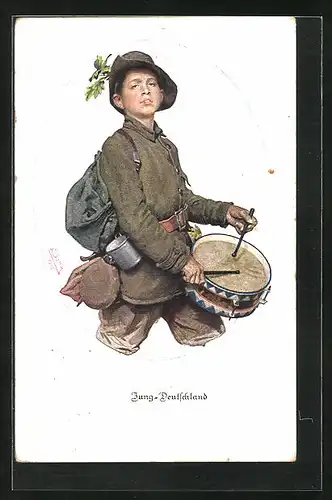 Künstler-AK Junge in grüner Uniform beim Trommel spielen