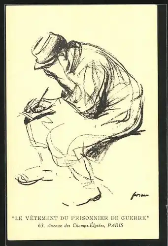 Künstler-AK Paris, Le Vêtement du Prisonnier de Guerre, 63, Aveneu des Champs-Élysées, Kriegsgefangener mit Notizblock