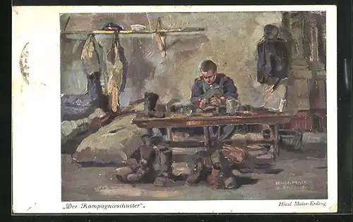 Künstler-AK Kompagnie-Schuster bei der Arbeit