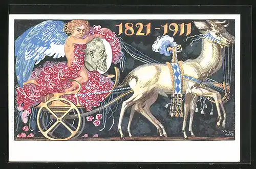 Künstler-AK Engel mit Bildnis des Prinzregenten Luitpold auf einer Kutsche, 1821-1911, Ganzsache