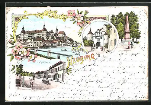 Lithographie Neuburg, Luitpoldstrasse, Schloss, Kriegerdenkmal
