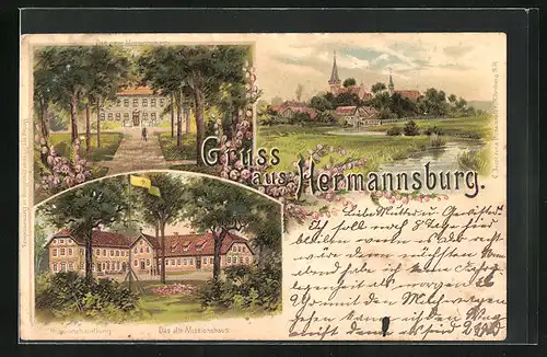Lithographie Hermannsburg, Das alte Missionshaus, Ortsansicht mit Kirche