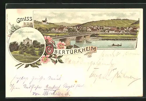 Lithographie Obertürkheim, Rothenberg Kapelle, Ortsansicht mit Brücke