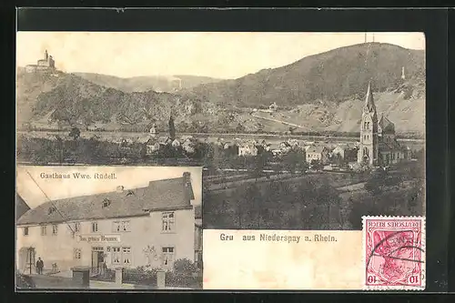 AK Niederspay a. Rhein, Gasthaus Wwe. Rüdell, Ortsansicht mit Kirche