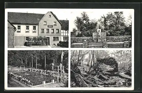 AK Beulich /Hunsrück, Gasthaus-Pension Lamberti, Kriegerdenkmal, Schwimmbad