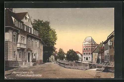 AK Hainichen i. Sa., Blick in die Mittweidaerstrasse im Abendlicht