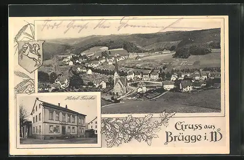 AK Brügge i. W., Hotel Tasche, Ortsansicht mit Kirche aus der Vogelschau