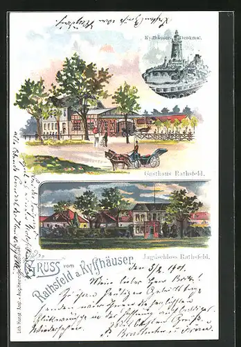 Lithographie Rathsfeld a. Kyffhäuser, Gasthaus Rathsfeld und Jagdschloss