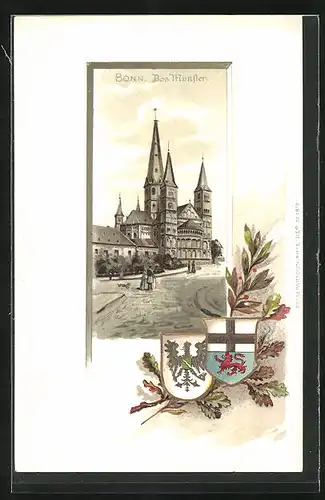Passepartout-Lithographie Bonn, Strassenpartie am Münster, Wappen