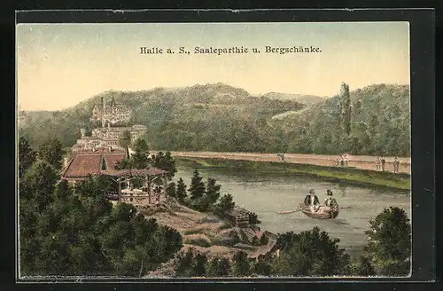 Künstler-AK Halle a. S., Saaleparthie u. Gasthof Bergschänke