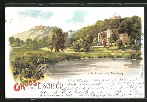 Lithographie Eisenach, Villa Reuter mit Wartburg