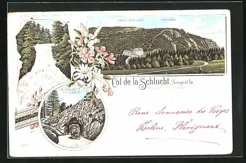Lithographie Col de la Schlucht, Hotel Schlucht, La Cascade de Retournemer, La Roche du Diable